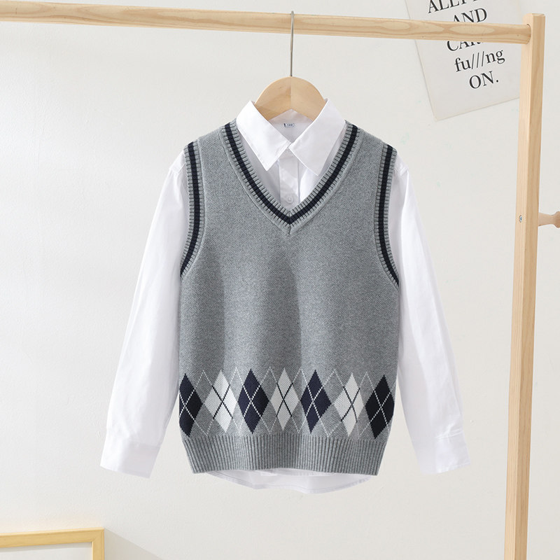 女童马甲2022格子新款儿童针织学生男童校服红色学院风毛背心毛衣