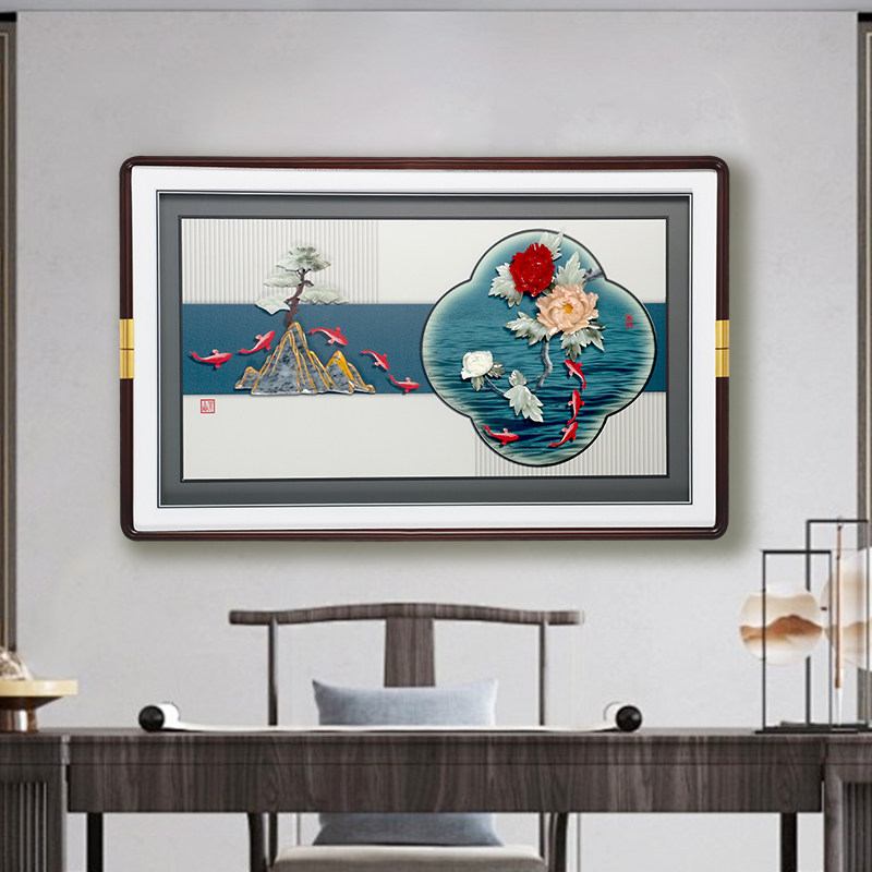 餐厅背景墙装饰画5d立体玉石画玉雕挂画中式走廊过道高档带灯壁画
