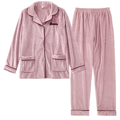 法兰绒情侣睡衣女秋冬加厚加绒休闲开衫套装男海岛绒保暖家居服套
