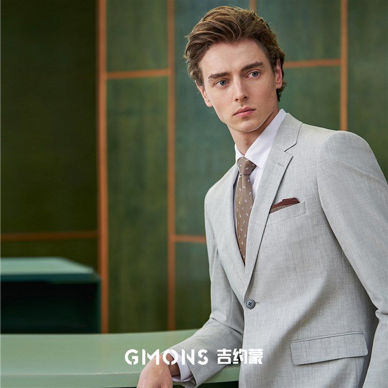 吉约蒙西服套装男浅灰色商务正装修身西装外套高级感新郎结婚礼服