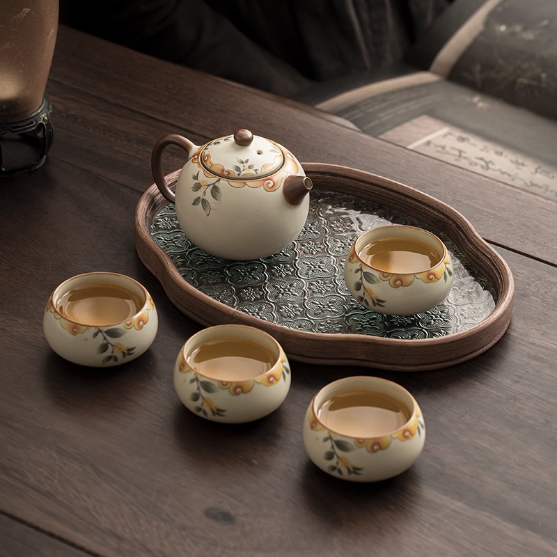 米黄汝窑功夫茶具套装干泡茶盘一壶四杯家用高档泡茶壶防烫小套组