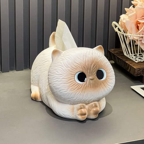 卡通猫咪纸巾盒客厅桌面陶瓷抽纸盒家用高端摆件创意餐巾纸盒新款