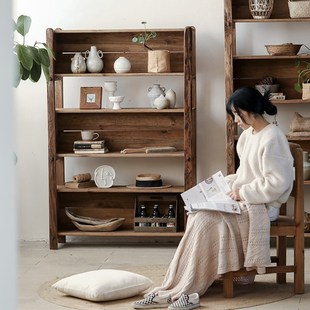 老松木三层落地书柜置物柜原木侘寂风复古办公室实木书架置物架