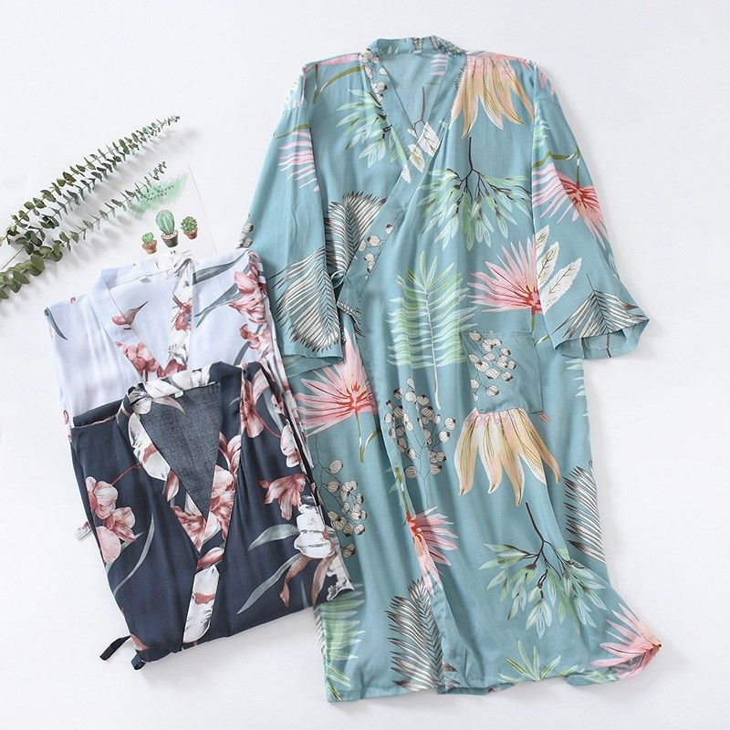 人棉和服睡袍薄款春夏季系带开衫汗蒸浴袍棉绸女士简约中长款睡裙