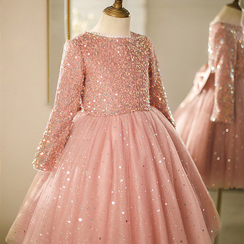 女童礼服秋冬款高端花童婚礼小女孩公主裙长袖儿童生日钢琴演出服