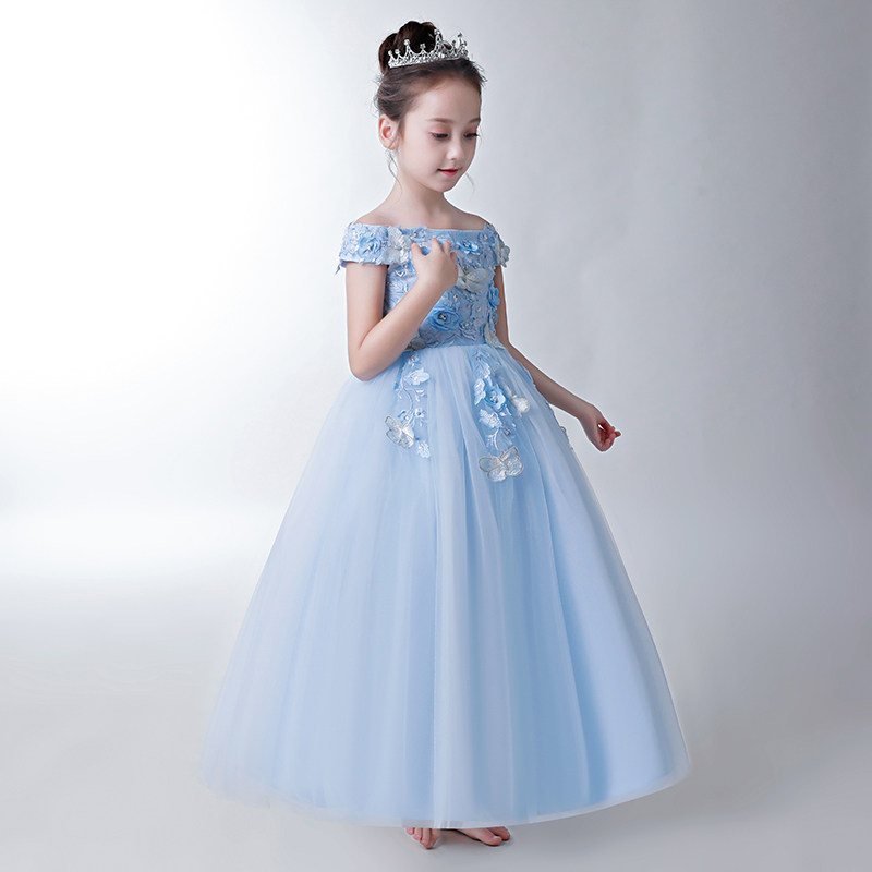 儿童礼服公主裙女童一字肩小花童走秀主持人演出服晚礼服蓝色长裙