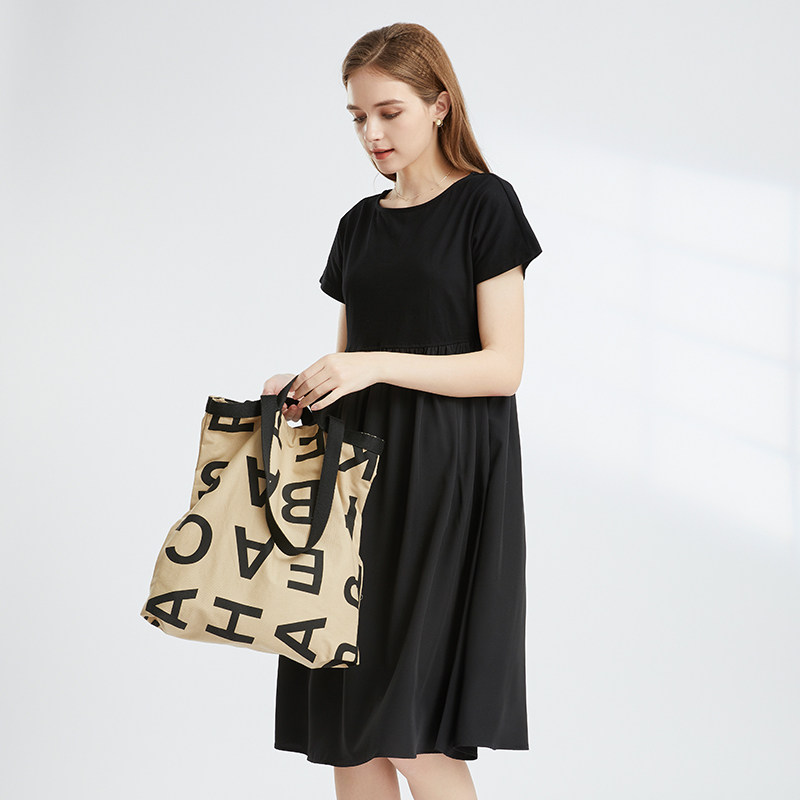 纯棉t恤连衣裙女夏季一字圆领短袖a字宽松显瘦小个子中长款拼接裙