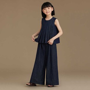 女童牛仔套装夏装新款2024儿童直筒复古窄版阔腿裤无袖背心两件套
