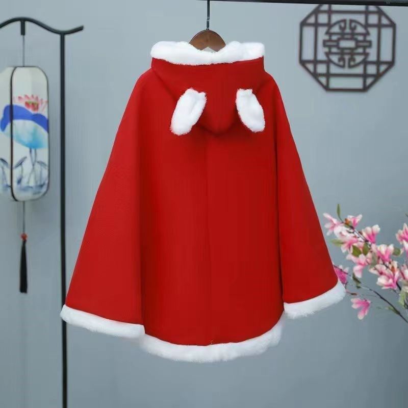 汉服新款披风斗篷儿童冬季女童秋冬加绒加厚保暖红色拜年古装公主