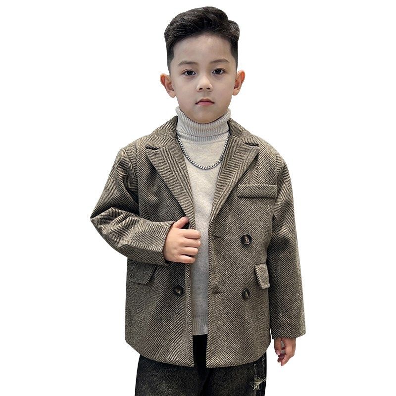 男童冬装呢子外套西装毛呢大衣2025新款儿童中长款夹棉加厚中大童