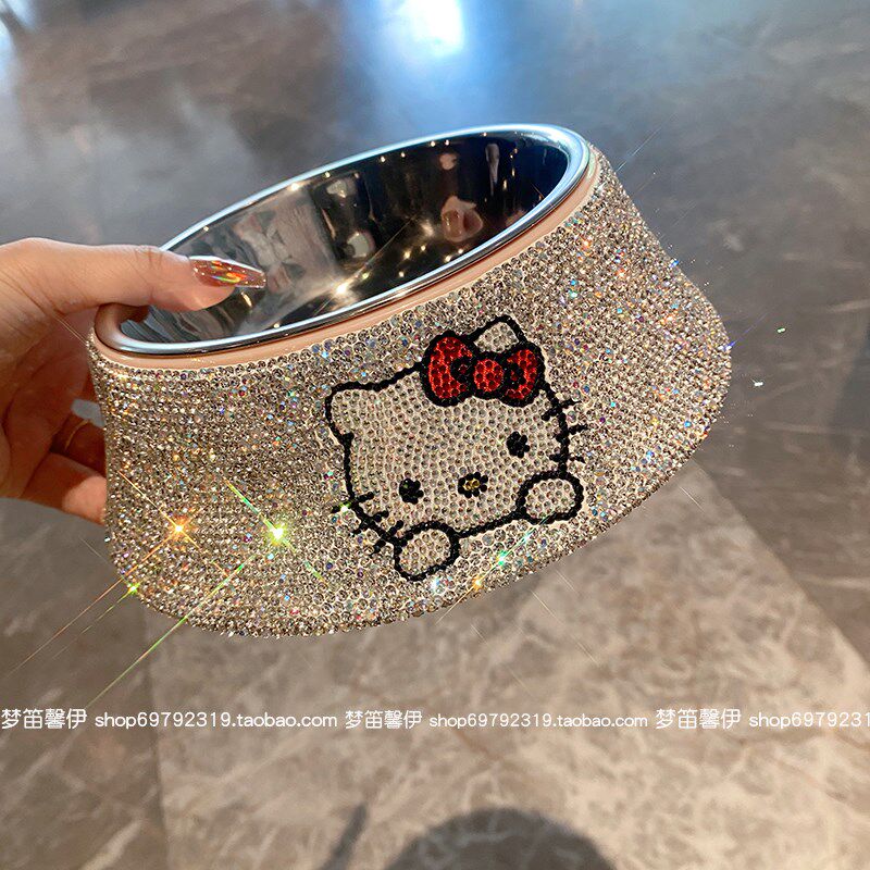 镶钻KT狗盆狗碗猫碗防打翻不锈钢狗狗食盆高颜值宠物用品潮新款女