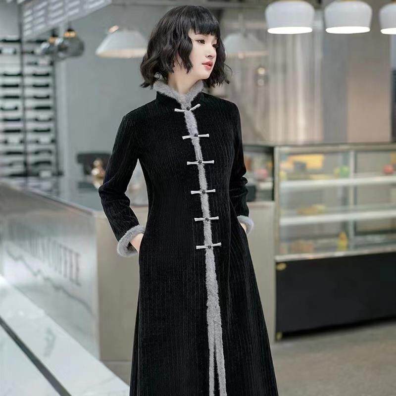 时尚改良女士长款中国风外披2023秋冬新款长袖旗袍外搭女加绒加厚