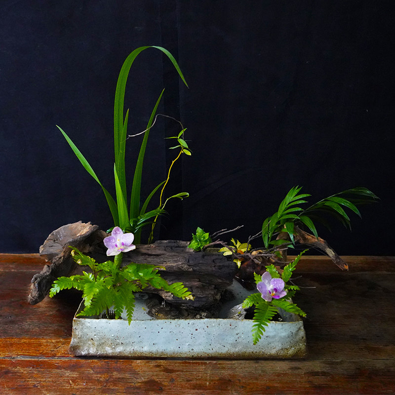 禅意插花器皿中华花艺小原流池坊自写意纯手工长方型陶瓷花道水盘