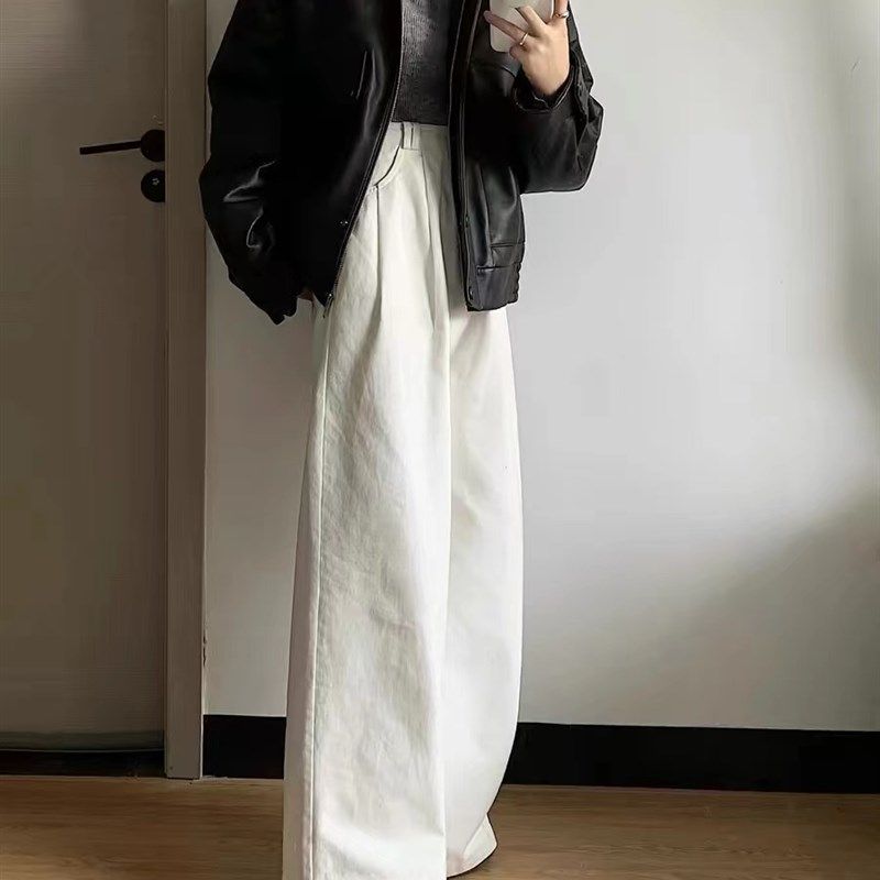 设计感白色阔腿裤牛仔裤女2024年新款春秋高腰直筒裤宽松休闲长裤,女装/女士精品,卫裤,淘宝优惠券,粉丝福利购,淘宝优惠卷
