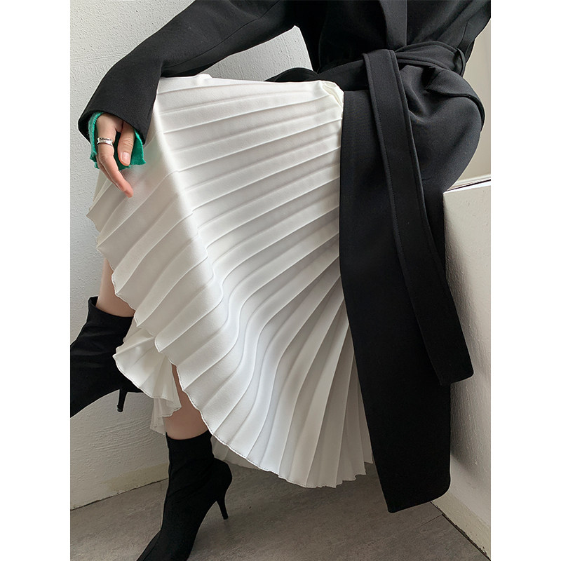 洛米 高腰白色半身裙秋冬2022新款宽松显瘦A字中长款百褶时尚长裙