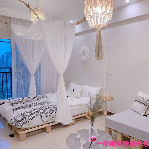 东南亚风客栈民宿床幔纱幔中式四柱架子床防尘搭纱床头帘幔麻纱帘