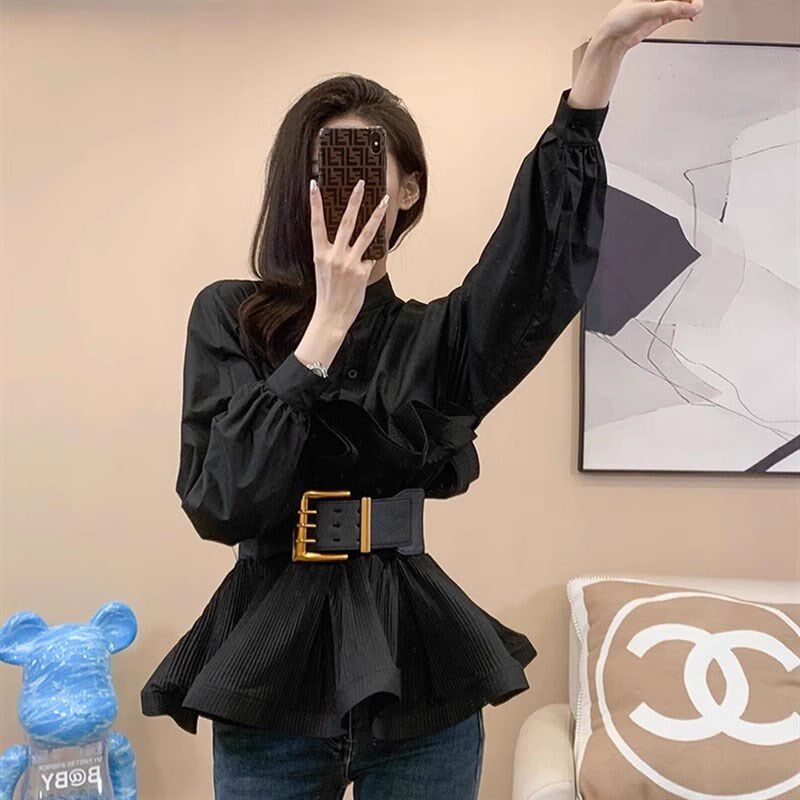 荷叶边衬衫女2024春秋季设计感灯笼袖立体花瓣束腰修身显瘦上衣
