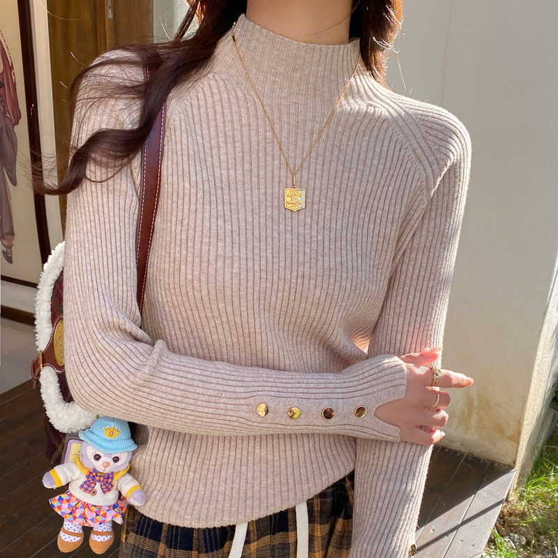 白色打底衫女秋冬内搭2024新款设计感袖扣针织毛衣半高领长袖上衣