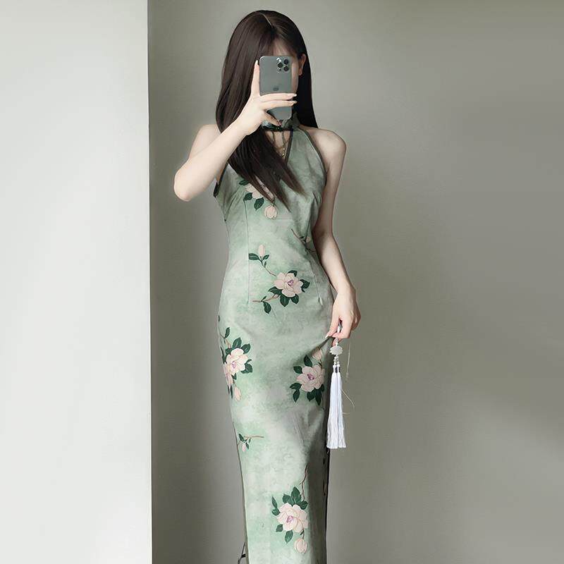绿色复古高级感连衣裙新中式改良旗袍外搭开衫初秋年轻款国风套装