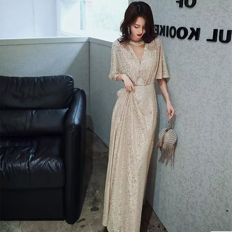 大码晚礼服女胖mm 显瘦宴会气质高贵主持人年会长款亮片礼服200斤