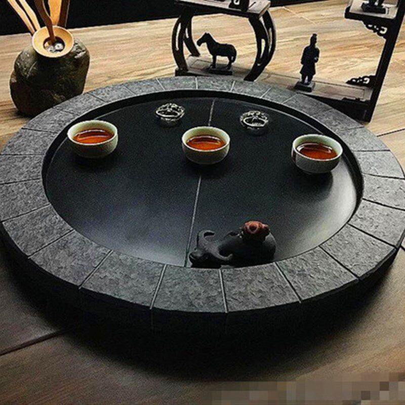 整块乌金石头圆形茶盘石材茶海石磨盘大号茶台石制简约可排水小号