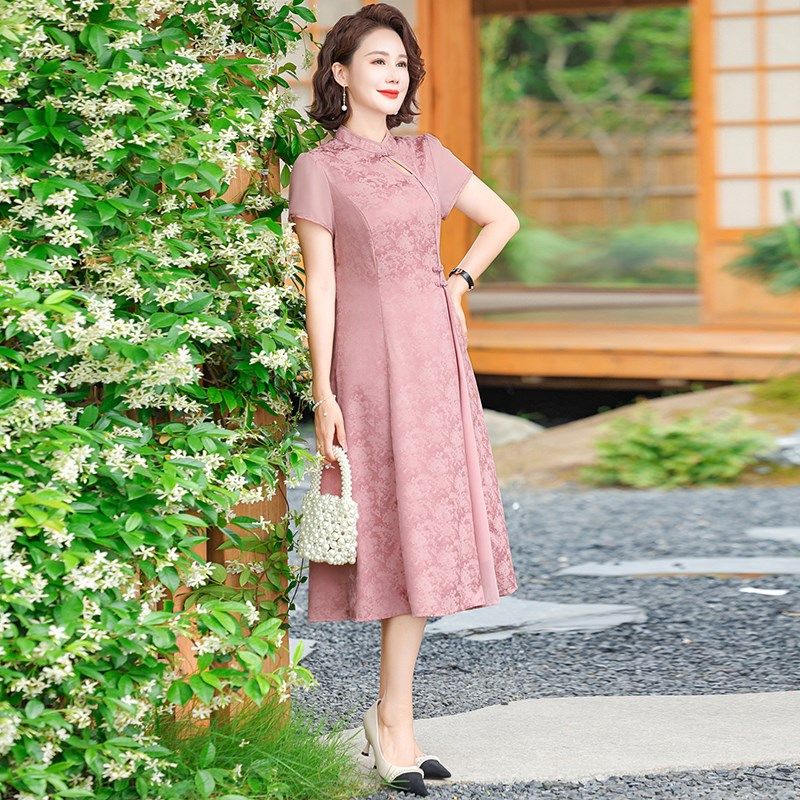 妈妈装夏季新中式改良旗袍连衣裙中老年女装大码复古盘扣短袖裙子