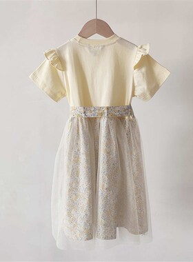 2024夏季新款女童短袖连衣裙纱裙黄色拼接碎花TTOM232552B