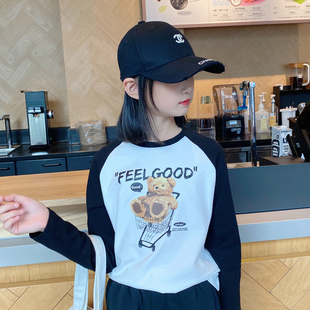 秋季打底衫女童2023新款插肩袖儿童长袖T恤中大童潮T纯棉秋衣春秋