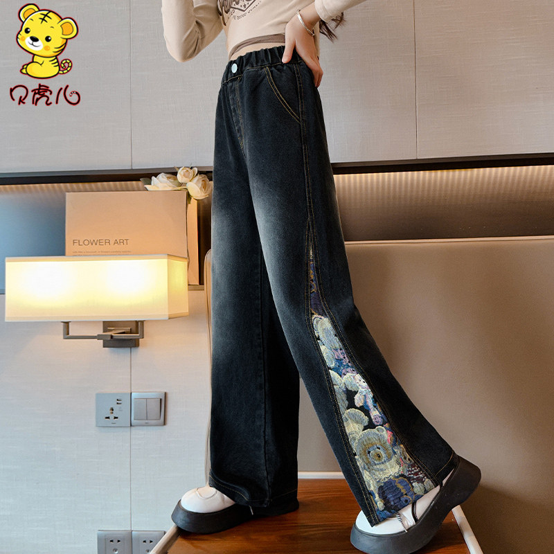 女童加绒裤子秋冬2023新款冬季中大童直筒长裤黑色秋季儿童牛仔裤