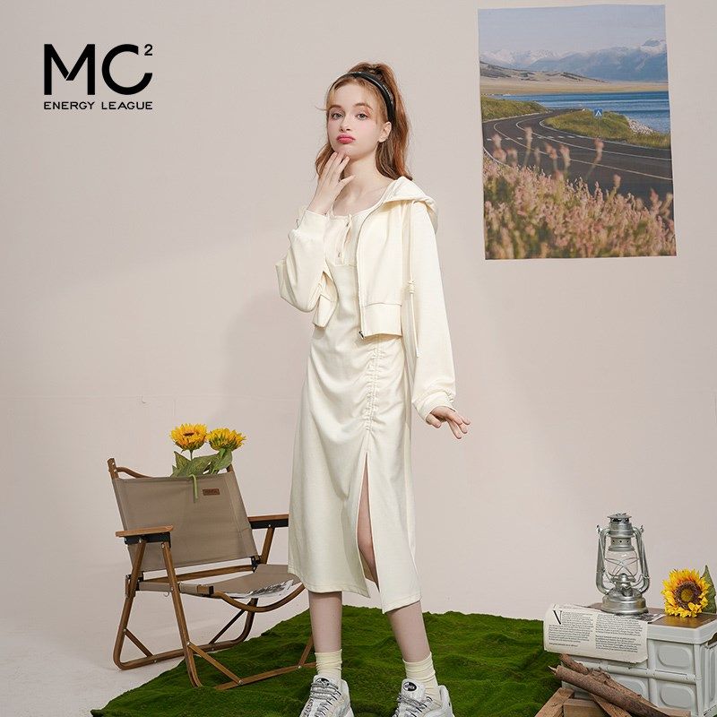 mc2卫衣外套背心裙两件套侧开叉腰部抽褶显瘦甜酷复古甜辣套装裙