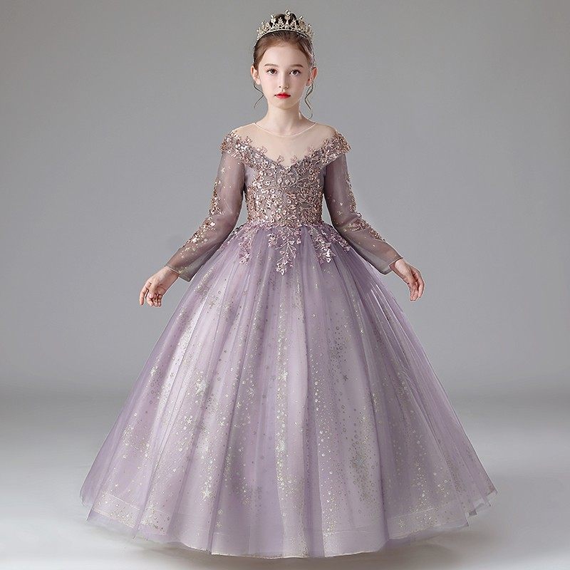 儿童礼服秋冬高端长袖女童小女孩主持人晚礼服生日钢琴走秀演出服