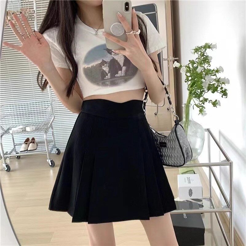 大码A字裙松紧腰短款半身裙女2024新款夏季胖mm百褶裙短裙西装裙