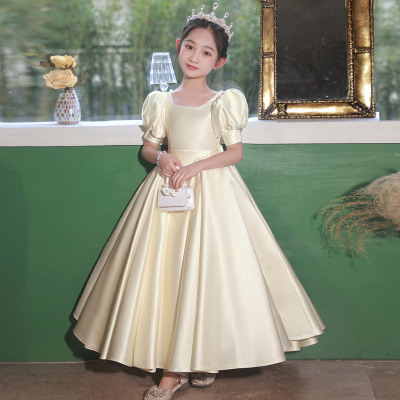 儿童礼服高端缎面花童生日公主裙小女孩钢琴表演女童演出服香槟色