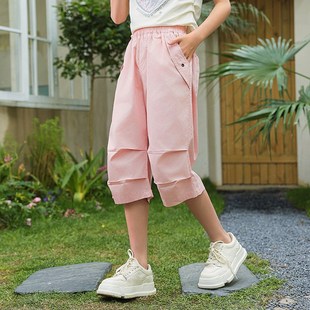 胖女童裤子儿童夏季加肥加大七分裤中大童高腰工装裤宽松薄款短裤