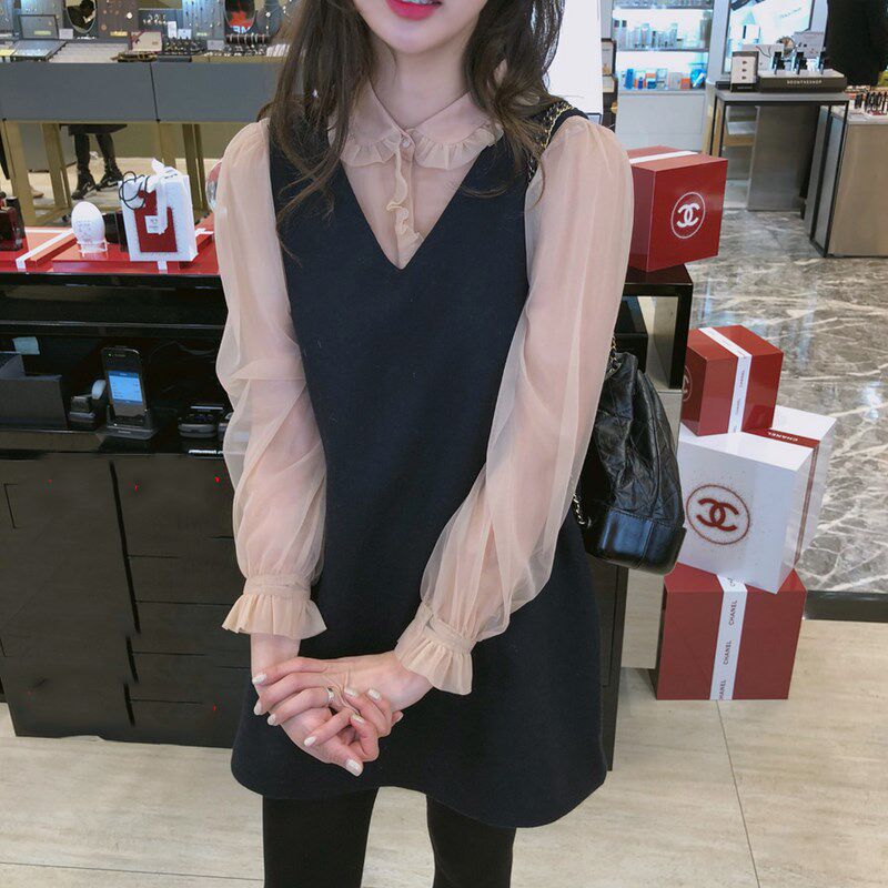 秋冬宽松黑色罗马棉V领无袖外搭马甲背心裙中长款A字连衣裙子女装