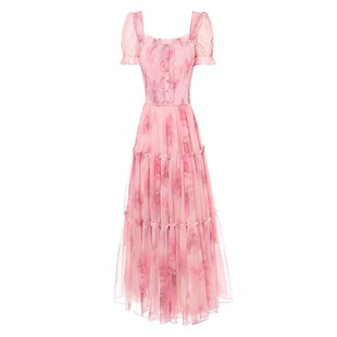 艾丽丝2025夏季新款粉色网纱短袖中长款A字裙仙气显瘦蛋糕连衣裙