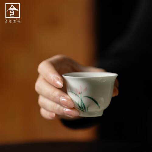 弥言手工陶瓷薄胎茶杯手绘兰花主人杯日式品茗杯单杯功夫茶具家用
