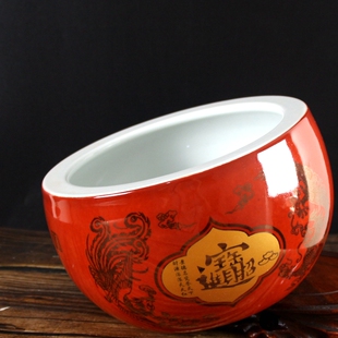 景德镇陶瓷红色聚宝盆结婚用礼物摆件招财客厅大号红盆瓷器存钱罐