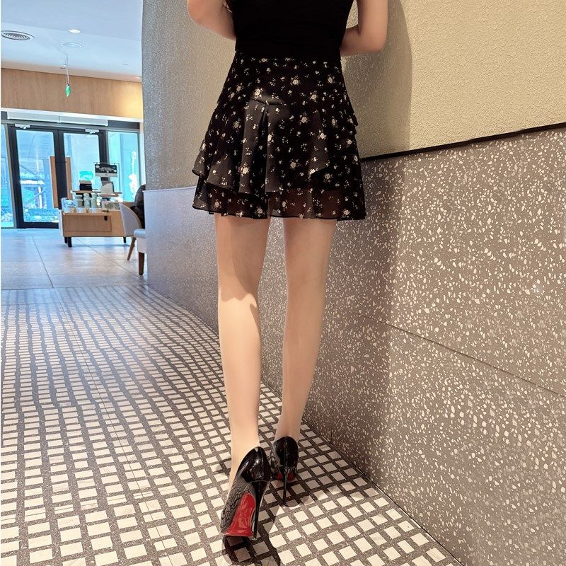 黑色碎花裙裤半身裙女春夏季新款小个子高腰a字裙雪纺短裙百褶裙