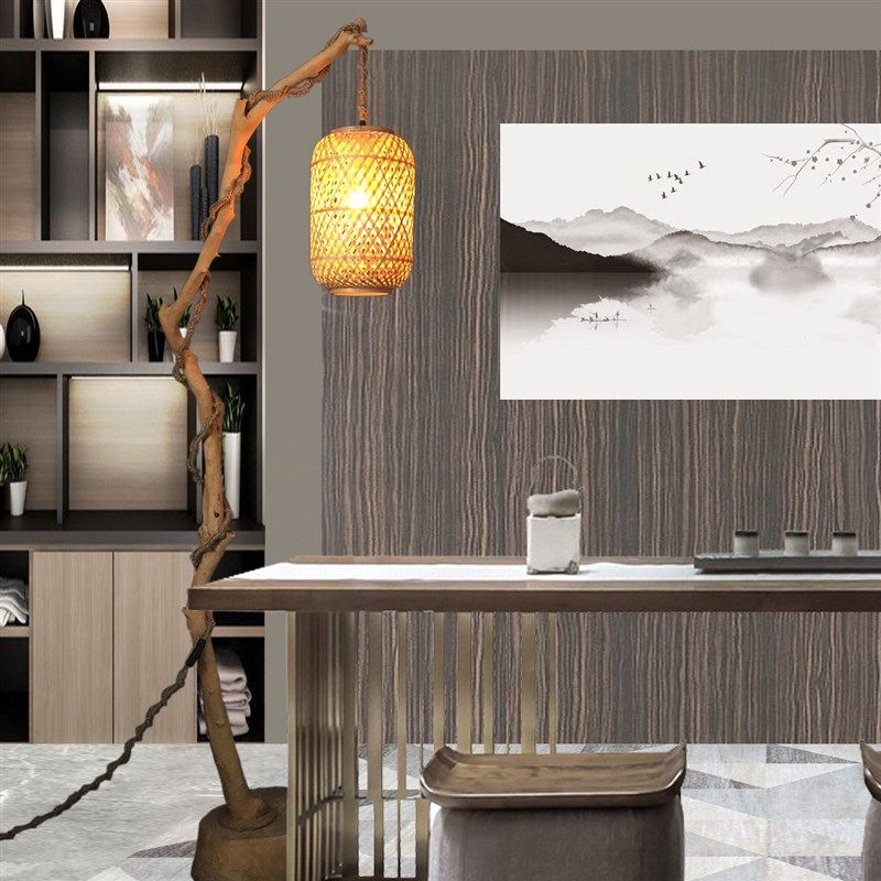 新中式干树枝落地灯民宿禅意茶室氛围灯复古怀旧竹编灯笼装饰灯