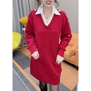 大码时尚气质衬衫裙子女秋冬新款显瘦收腰拼接POLO领假两件连衣裙