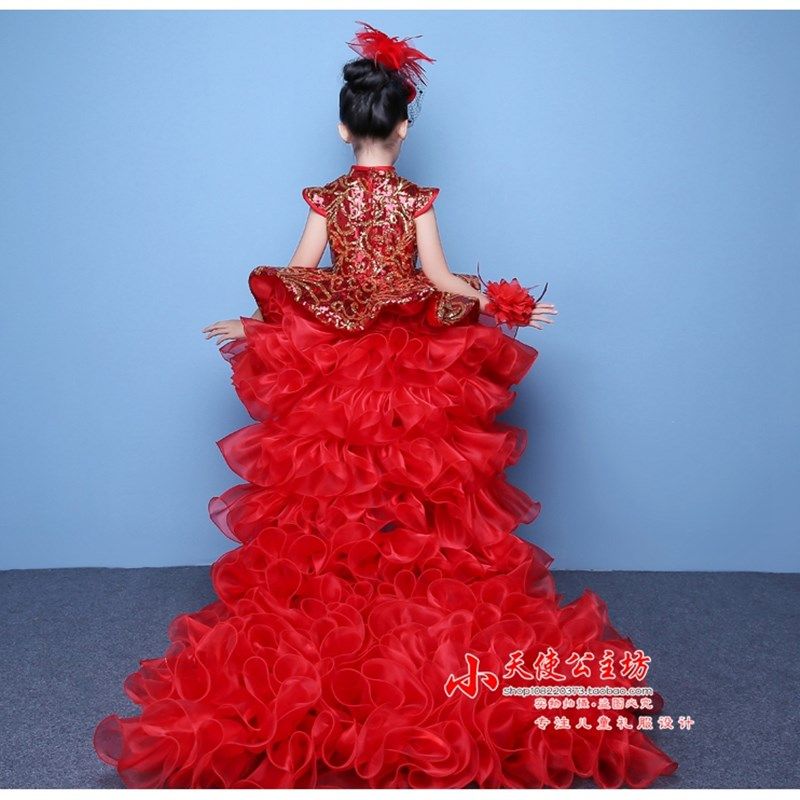 红色表演礼服儿童模特走秀朗诵表演裙女童独唱钢琴幼儿园演出服装