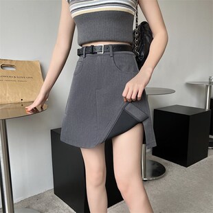 夏季新款两侧开叉设计灰色百搭半身裙大码高腰修身A字防走光短裙
