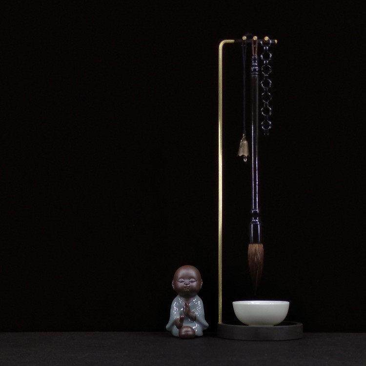 黄铜杆砚石底座笔架毛笔挂墨碟创意摆件挂笔接水毛笔架文房四宝