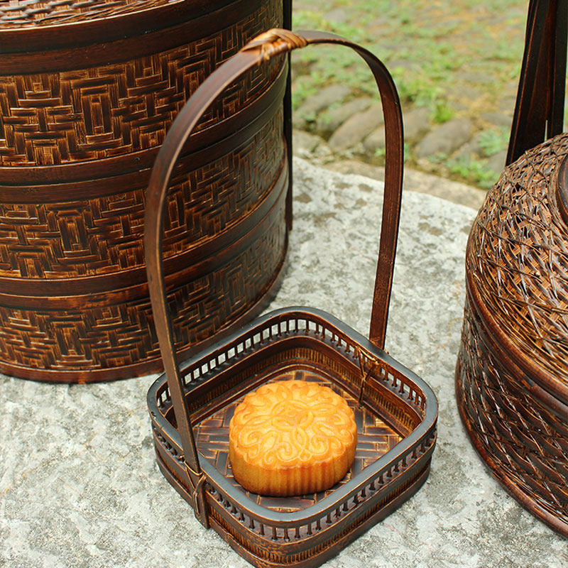 精品竹编食盒中式提篮竹编漆器食盒提盒果篮收纳篮送饭篮茶点盘