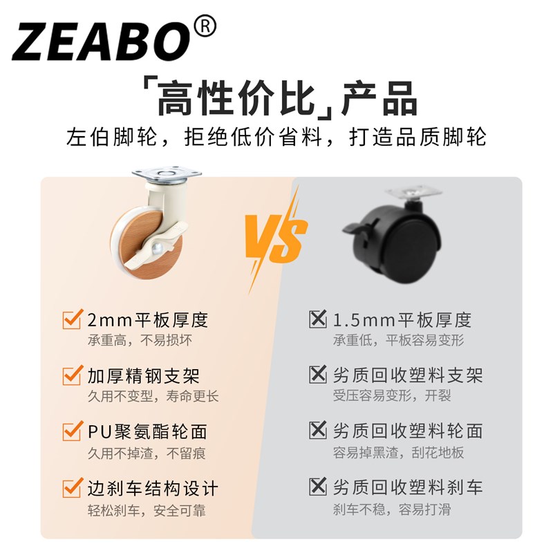 2.5英寸万向轮静音脚轮转向轮滑轮原木色滚轮刹车轮子移动家具轮