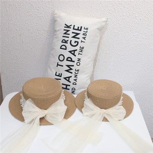 清新森系儿童平顶草帽珍珠纱蝴蝶结女宝宝草编遮阳帽子凉帽亲子