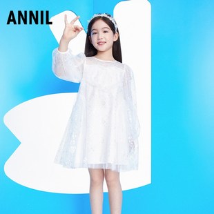 安奈儿女童连衣裙2023春季长袖白色网纱公主裙洋气时髦中长裙