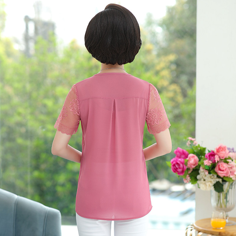 中老年女装T恤雪纺短袖中年妈妈装上衣大码夏装宽松时尚洋气妇女
