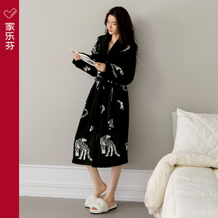 家乐芬睡袍女士睡衣秋冬款冬季保暖加厚加绒珊瑚绒浴袍黑色长款裙